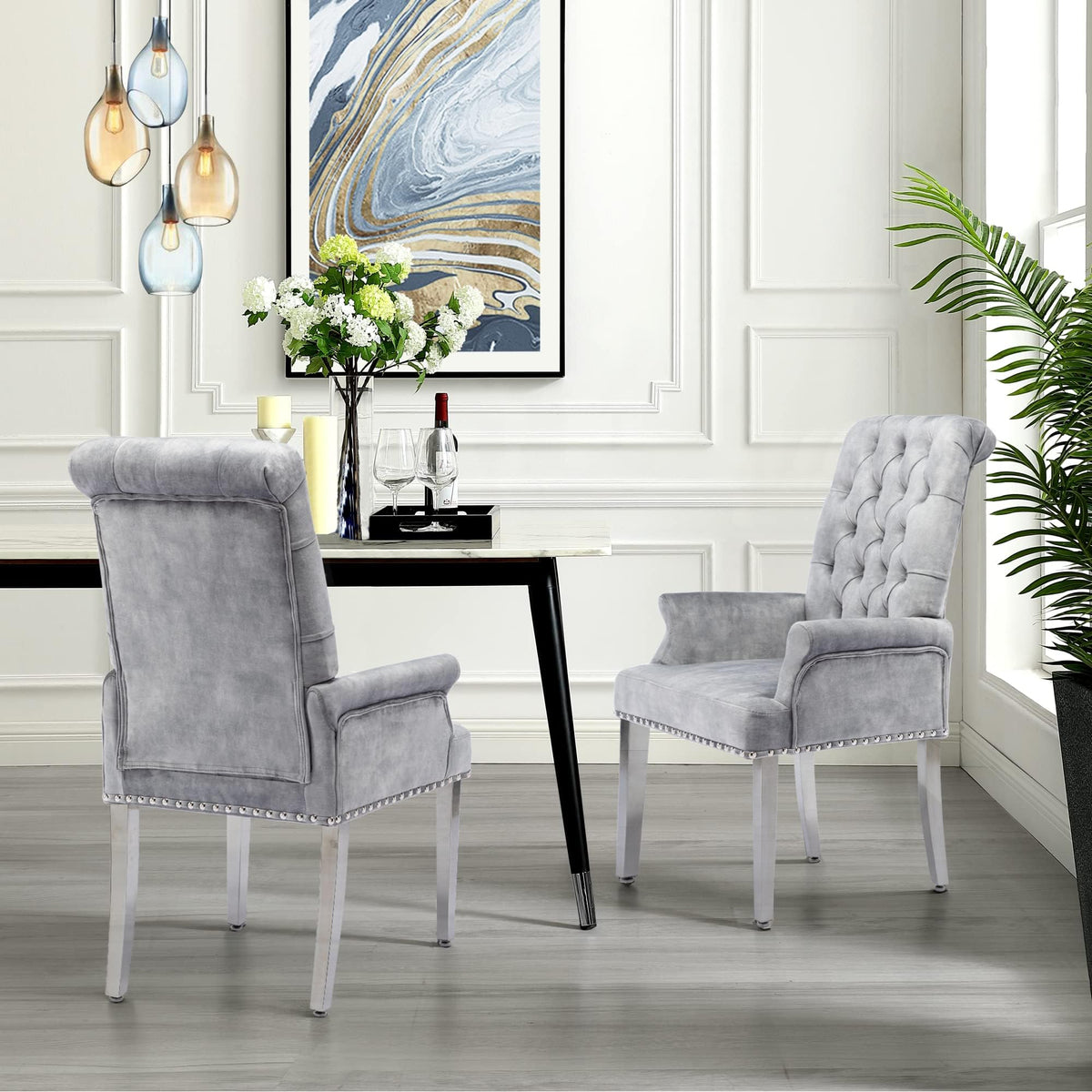 Velvet Dining Chairs with Arms, Upholstered Dining Room Chairs, Grey
