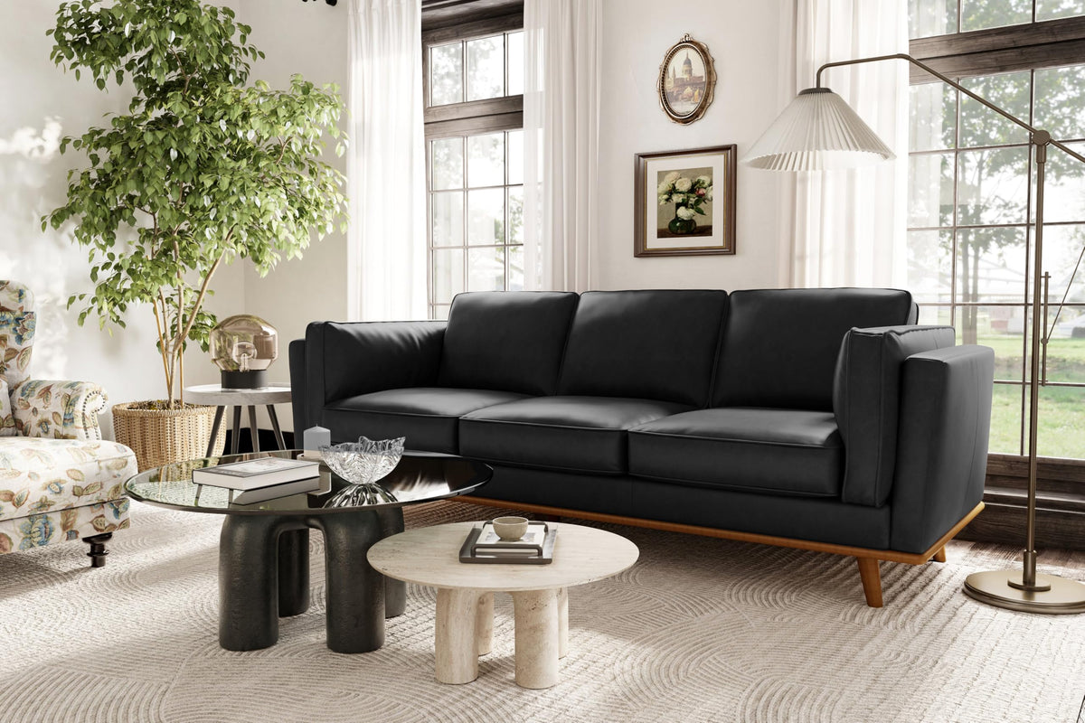 Artisan Full Leather Sofa 88" | Pure Full Italian Nappa Leather Couch, Solid Wood Accent, Ultimate Comfort, Black