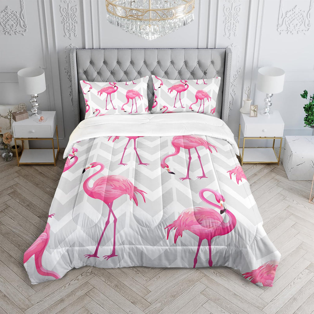 Flamingo Comforter Set - Tropical Geometric Stripe Bedding Set with 1 Comforter and 2 Pillowcases