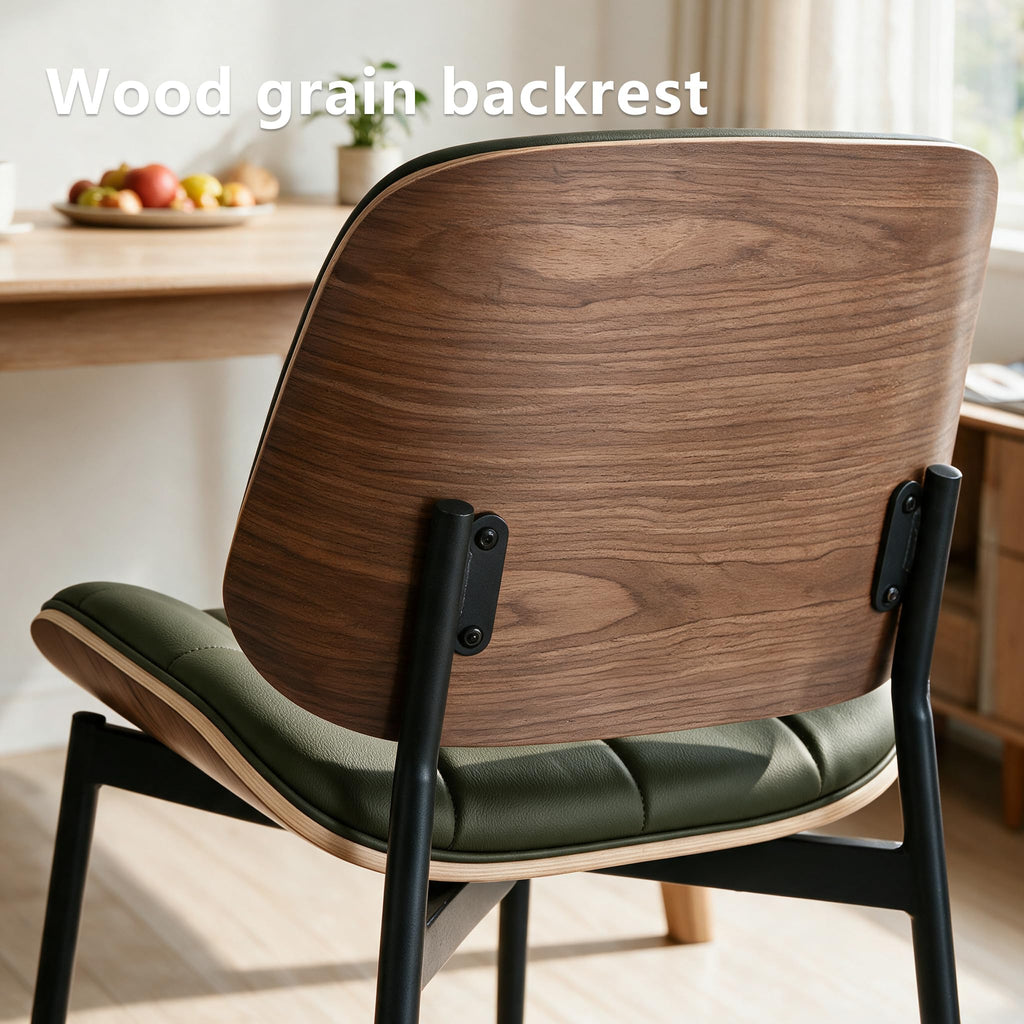 Mid Century Modern Dining Chairs with Walnut Grain Back, Green Faux Leather Dining Room Chairs Set of 4, Checkered