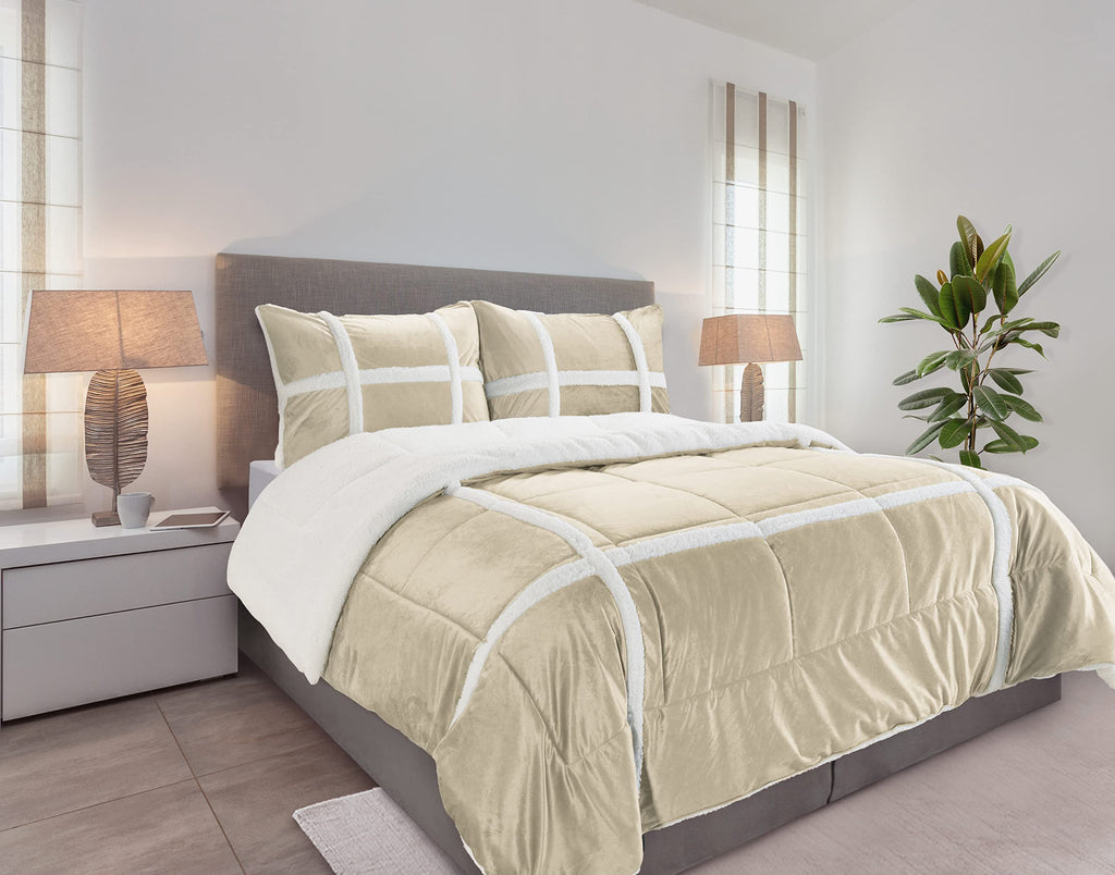 3-Piece Olivia Stripe Sherpa Comforter Set, Super Soft Comforter with Striped Pattern and Sherpa Backing, Textured &