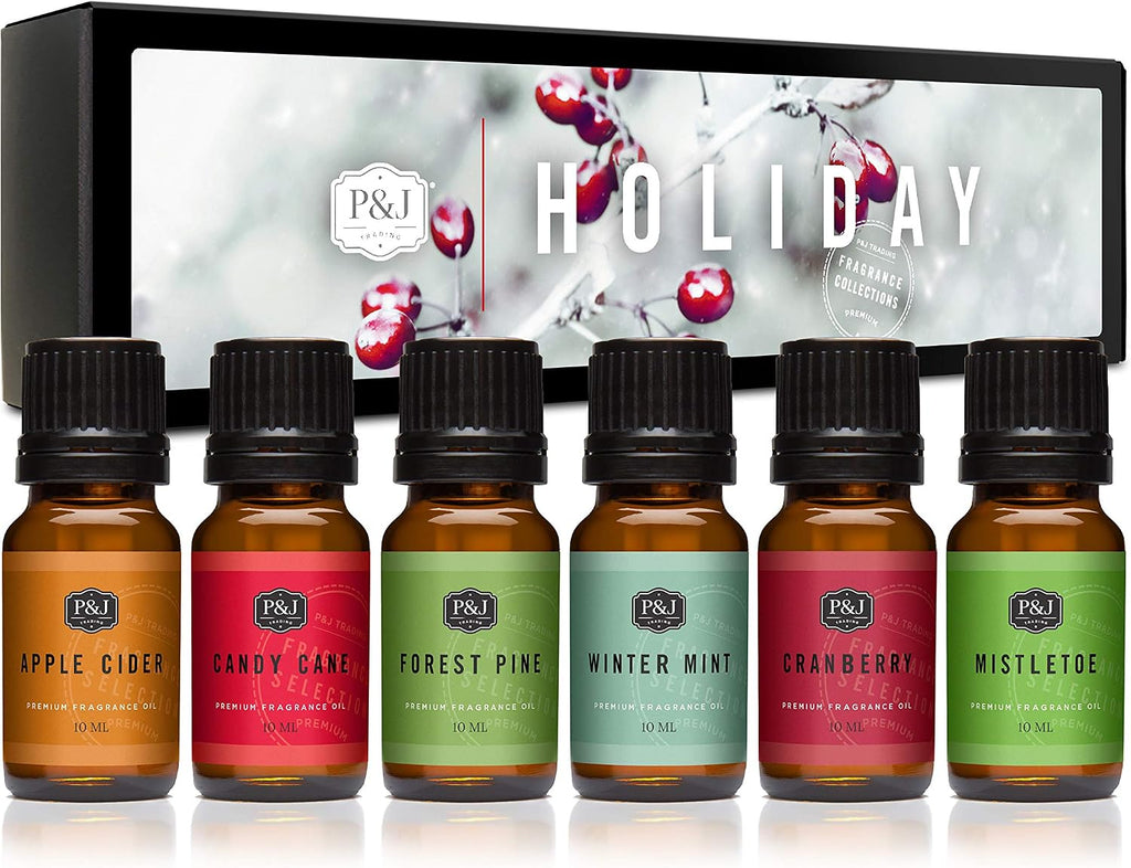 P&J Fragrance Oil Holiday Set for Christmas Home Decor | Mistletoe, Candy Cane, Wintermint, Apple Cider, Cranberry - Set of 6