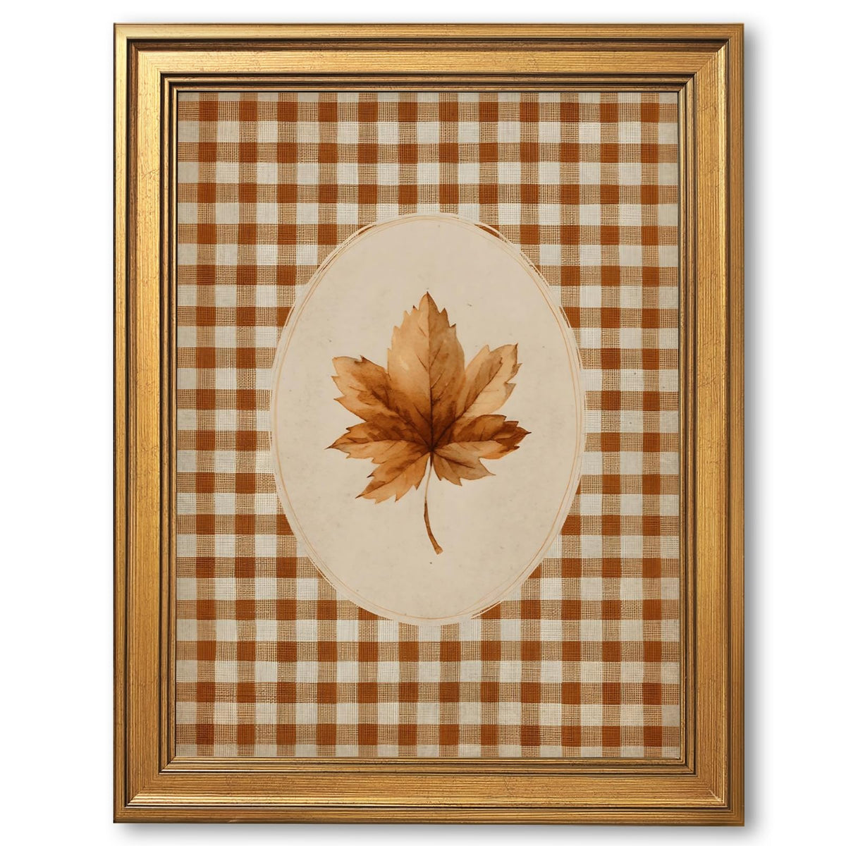 Gold Framed Autumn Leaf Canvas Wall Art Print Gingham Fall Botanical Painting Rustic Cottagecore Farmhouse Picture