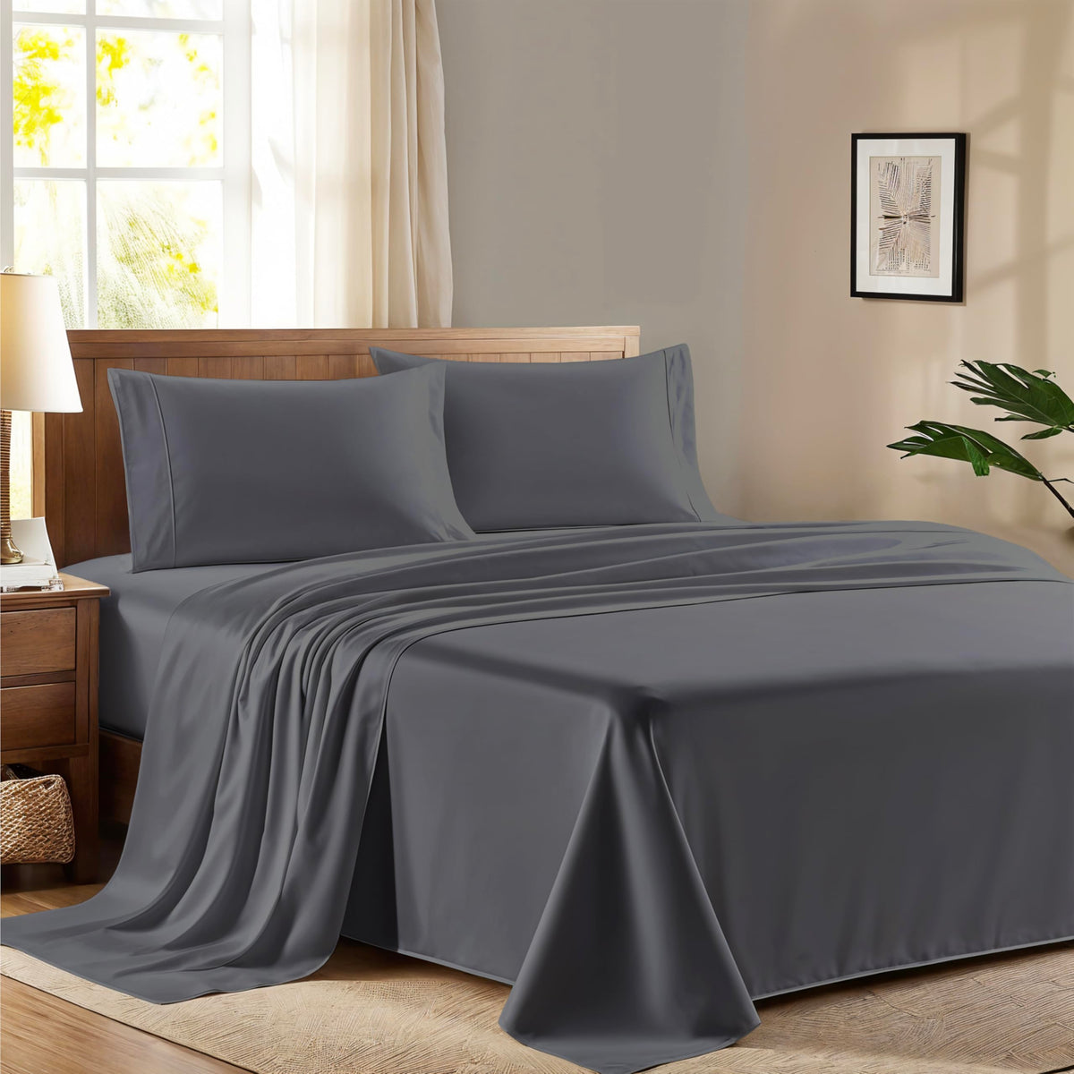 100% Egyptian Cotton Queen Size Sheet Set - 600 Series Refined Collection Sheets Set for Queen Size Bed (4 PC, Dark