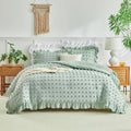 Tufted Dots Ruffle Comforter Set, 3 Pieces Sage Green Vintage Farmhouse Shabby Chic Comforters, Jacquard