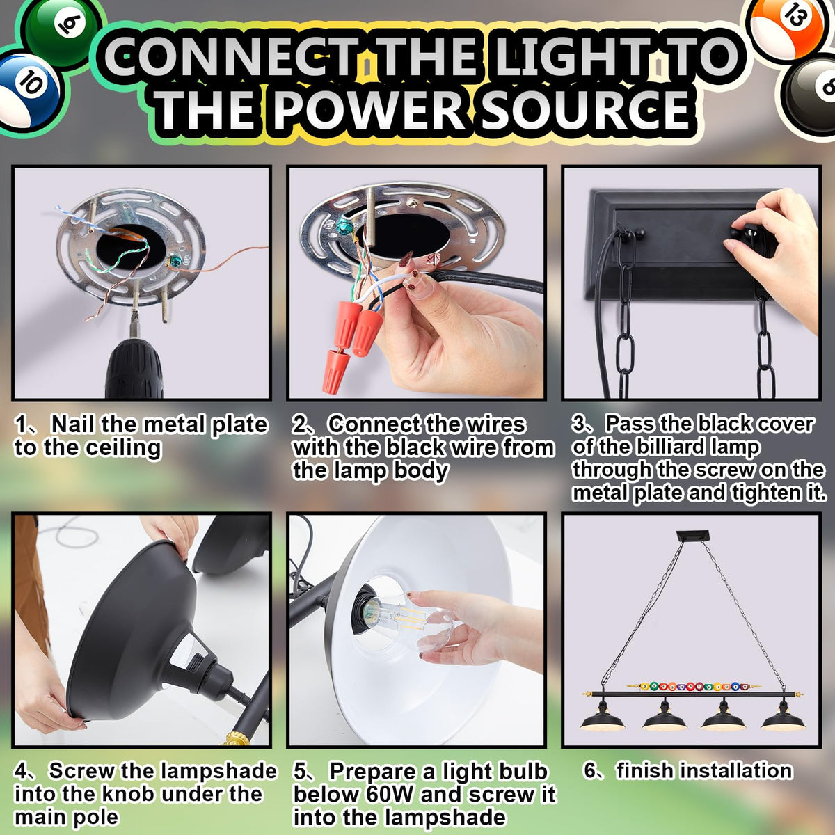 Adjustable Pool Table Lights, 4 Lights for 7'-8' Billiard Table