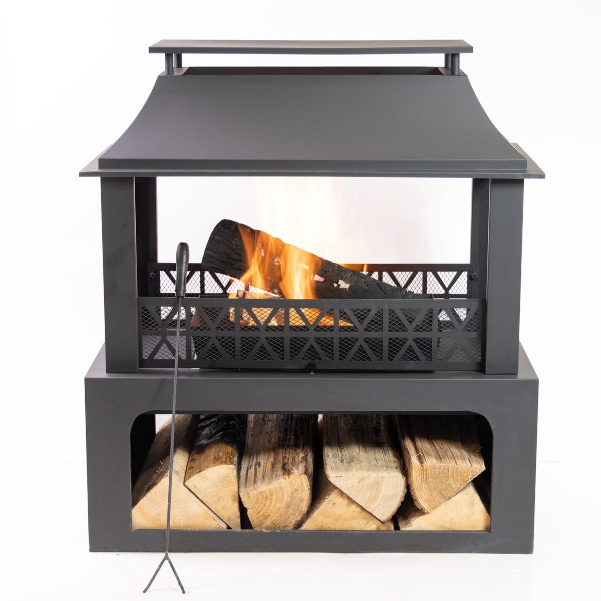 36" Rectangular Steel Outdoor Wood Burning Fireplace - Outdoor Fireplace with Adjustable Cooking Grill & Log Storage