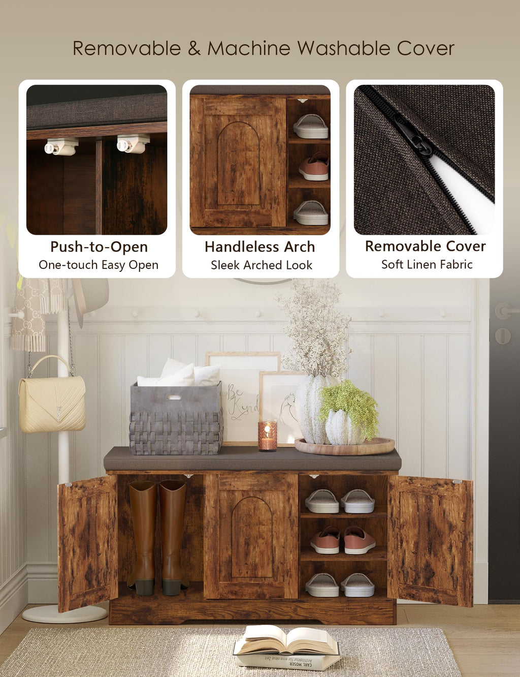 Shoe Storage Bench with Cushion, Door, Rustic Brown 39.4"LX21.5"H