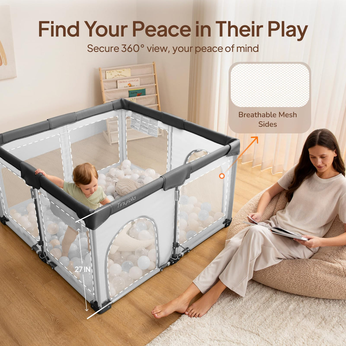 Foldable Baby Playpen, 50x50 Inch Portable Play Yard for Babies and Toddlers with Soft Breathable Mesh, Storage Bag &