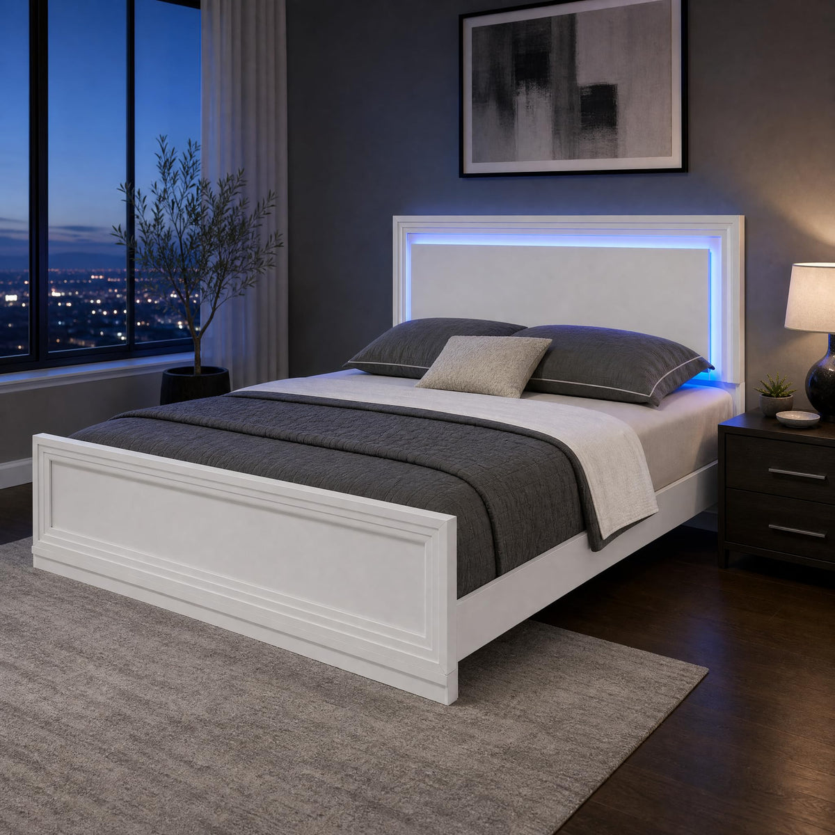 Bed Frame with LED Headboard, White Wood Platform Bed with Picture Frame Panel Headboard and Footboard, Modern