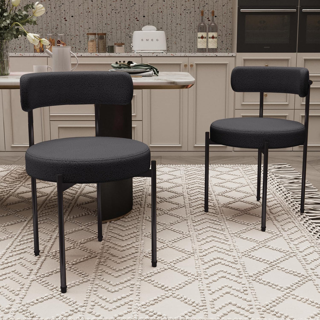 Boucle Set of 2 Teddy Upholstered Dining Room Chairs Kitchen Chairs with Metal Legs Mid Century Modern Chair (Black