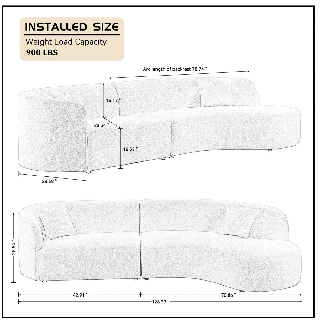 126" Luxury Modern Style Curved Sofa, Upholstery Boucle Sofa Couch with 2 Pillows, Right Hand Facing Sectional Boucle