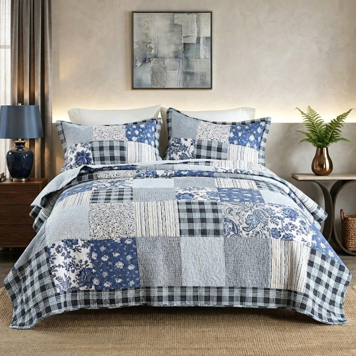 Cotton Patchwork Quilt Sets, Lightweight Reversible Coverlet Bedding Sets with 2 Pillow Shams, Blue White