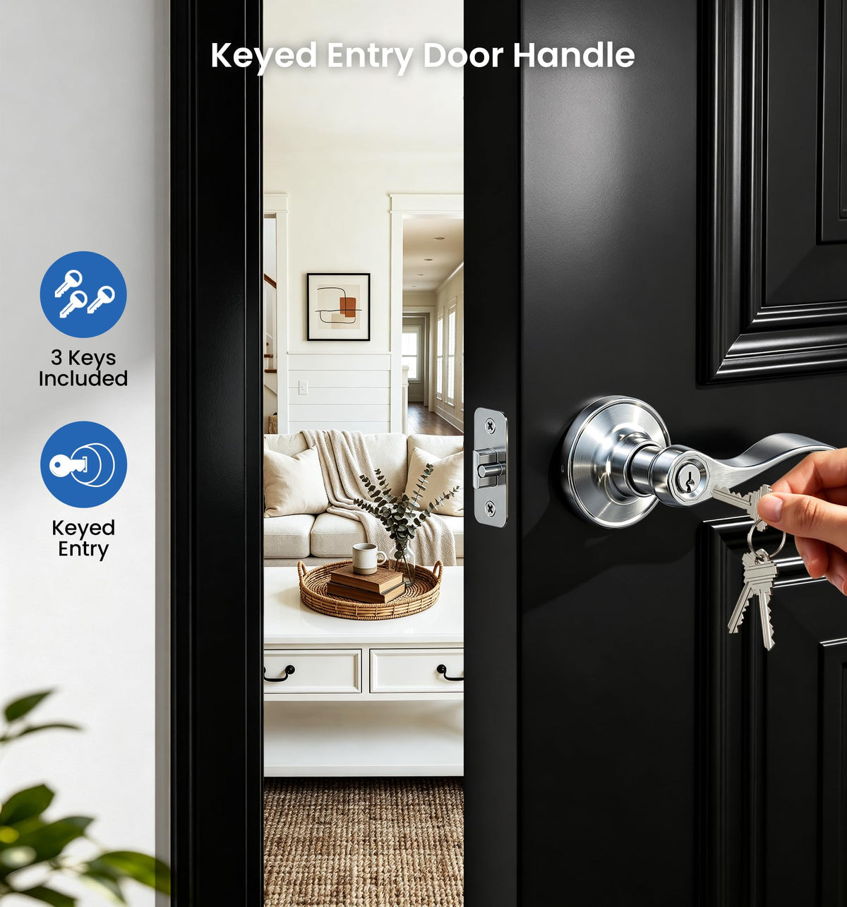 Keyed Entry Door Handle with Lock, Wave Door Levers, Satin Nickel
