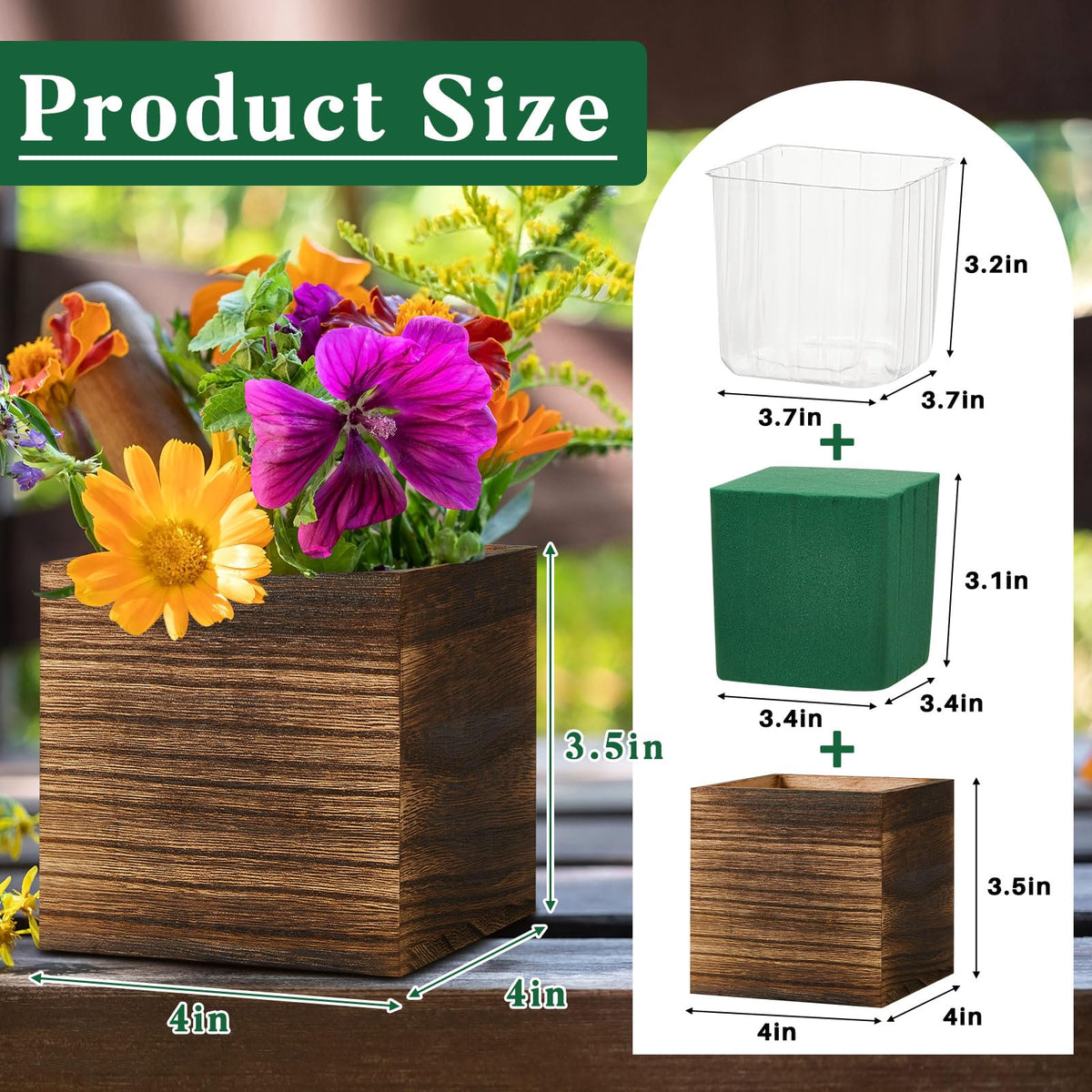 12 Set Wood Cube Planter Box Square Wood Vase Rustic Cube Planter Box with Removable Plastic Liner Floral Foam Blocks