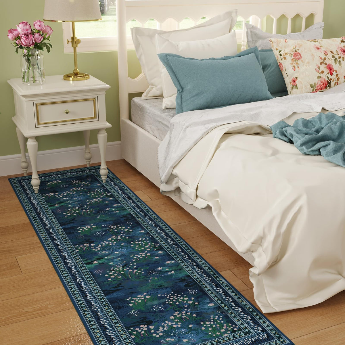 Runner Rug Washable Vintage Impressionist-Style, Blue