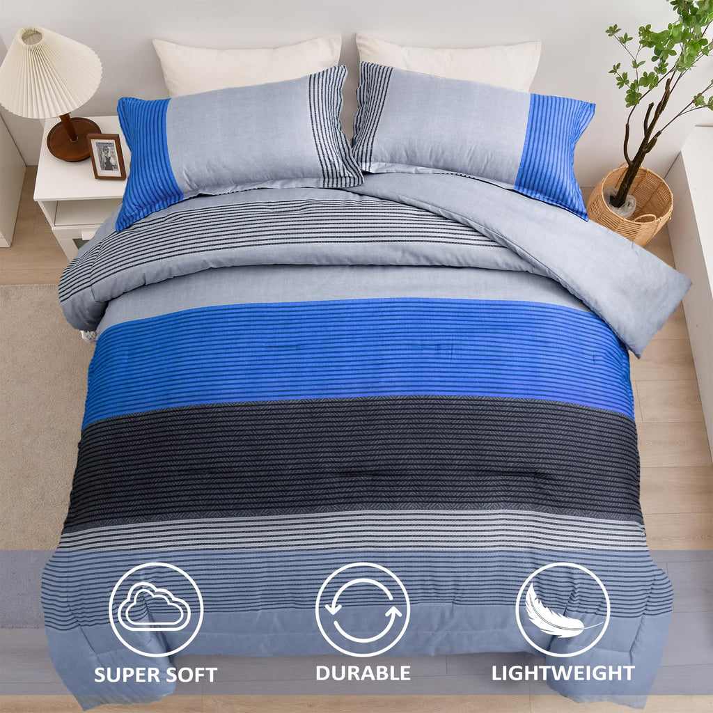 Blue Stripe Comforter Set Reversible Grey Blue Bedding Comforter Set for Bed, 2 Pieces (1 Comforter+1