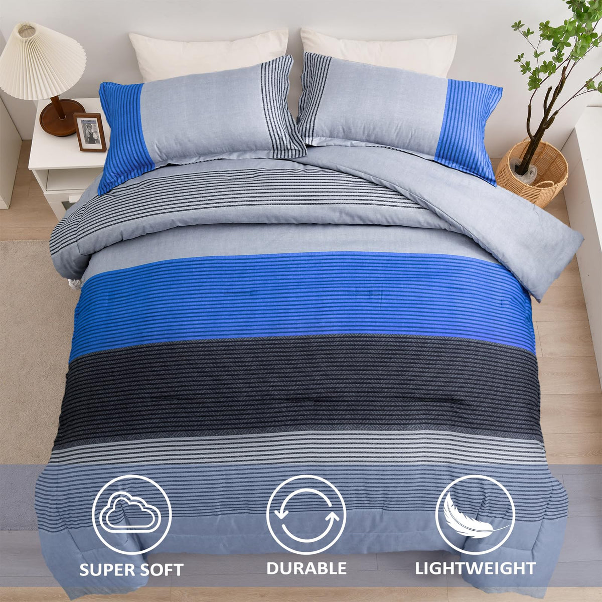Blue Stripe Comforter Set Reversible Grey Blue Bedding Comforter Set for Bed, 2 Pieces (1 Comforter+1