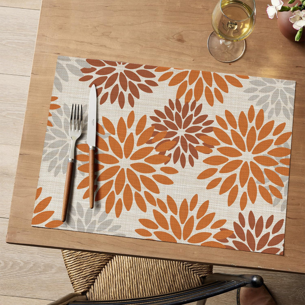 Floral Vinyl Placemats Set of 6, Heat Resistant Washable Non-Slip Plistic PVC Place Mats for Fall Thanksgiving Party