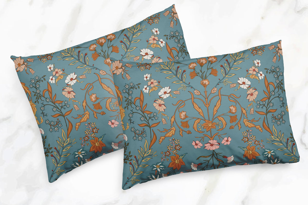 Boho Bohemian Farmhouse Teal Blue and Orange Wildflower Garden Floral Duvet Comforter Cover and Sham 3 pc