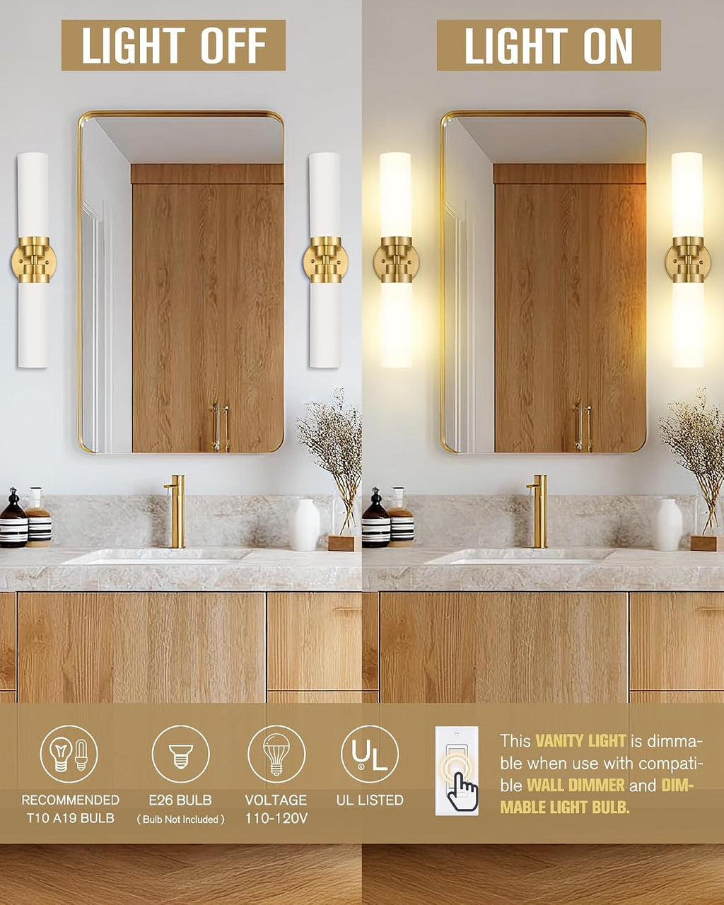 Modern 22 Inch Bathroom Light Fixtures Over Mirror, Brushed Gold Vanity Light Bar with Milk Glass Shade, 2-Light