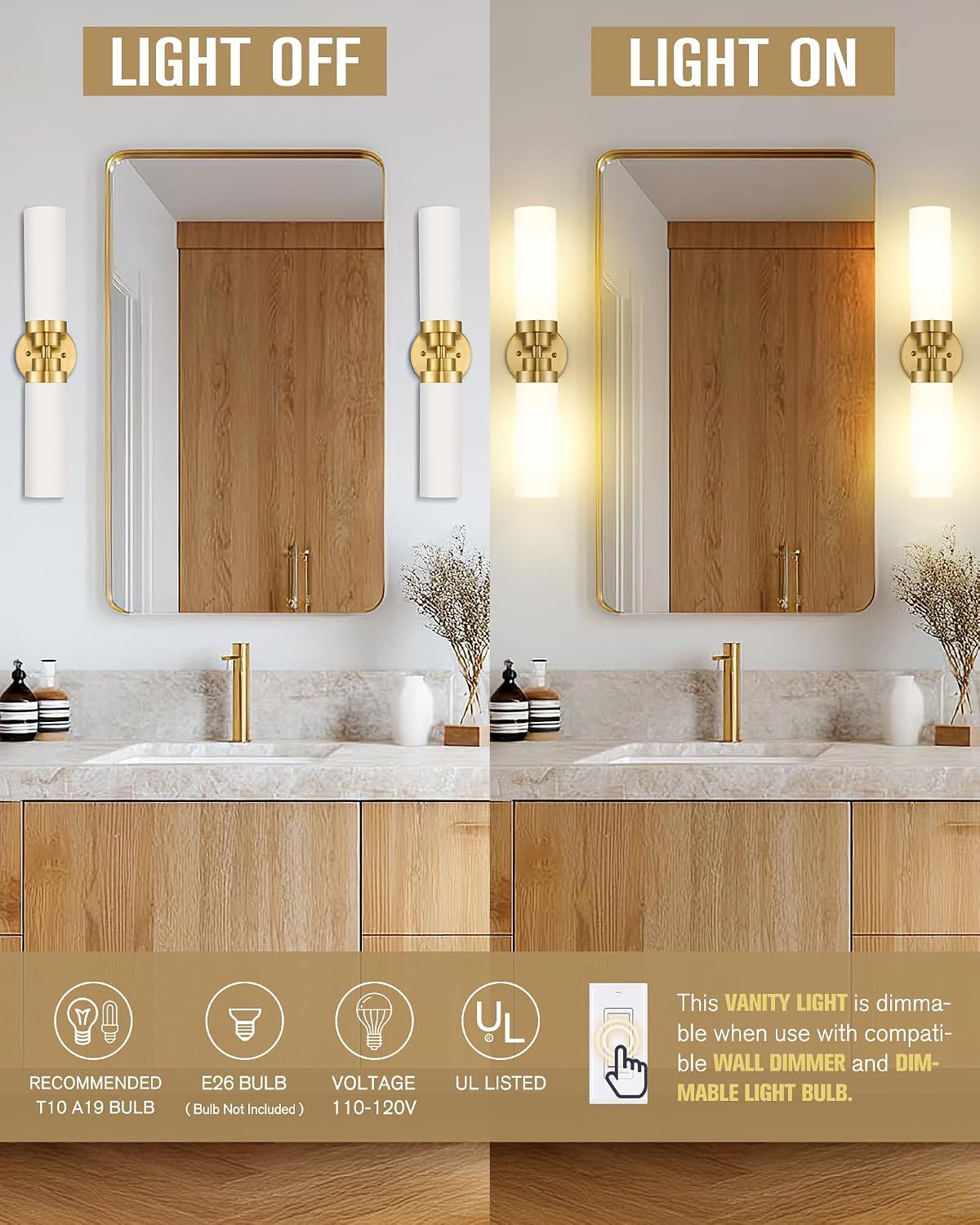 Modern 22 Inch Bathroom Light Fixtures Over Mirror, Brushed Gold Vanity Light Bar with Milk Glass Shade, 2-Light