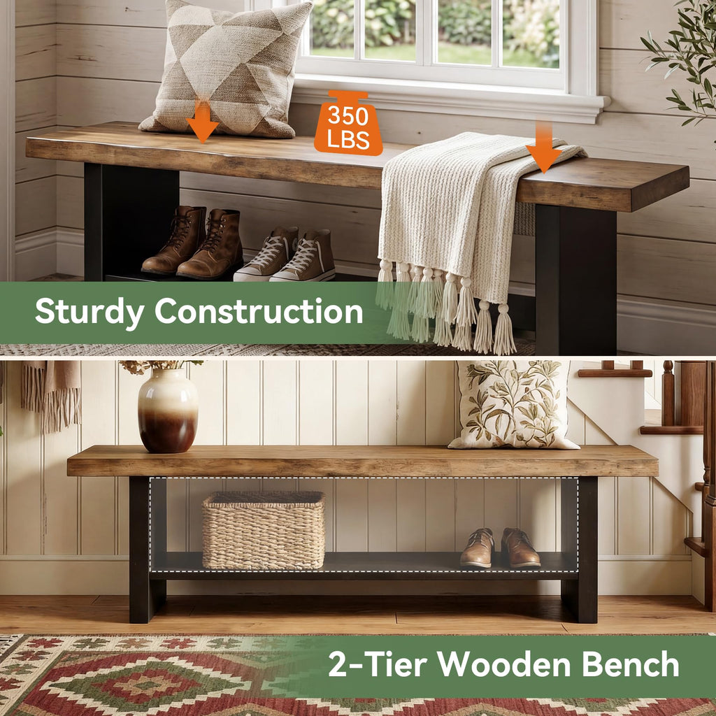 55" Solid Wood Bench with Shoe Storage, 2-Tier Farmhouse Entryway Bench, Narrow Rustic Brown Bench