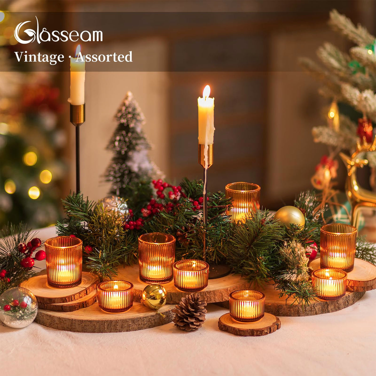 Glass Votive Candle Holders Bulk 24 Amber Ribbed Tealight for Fall