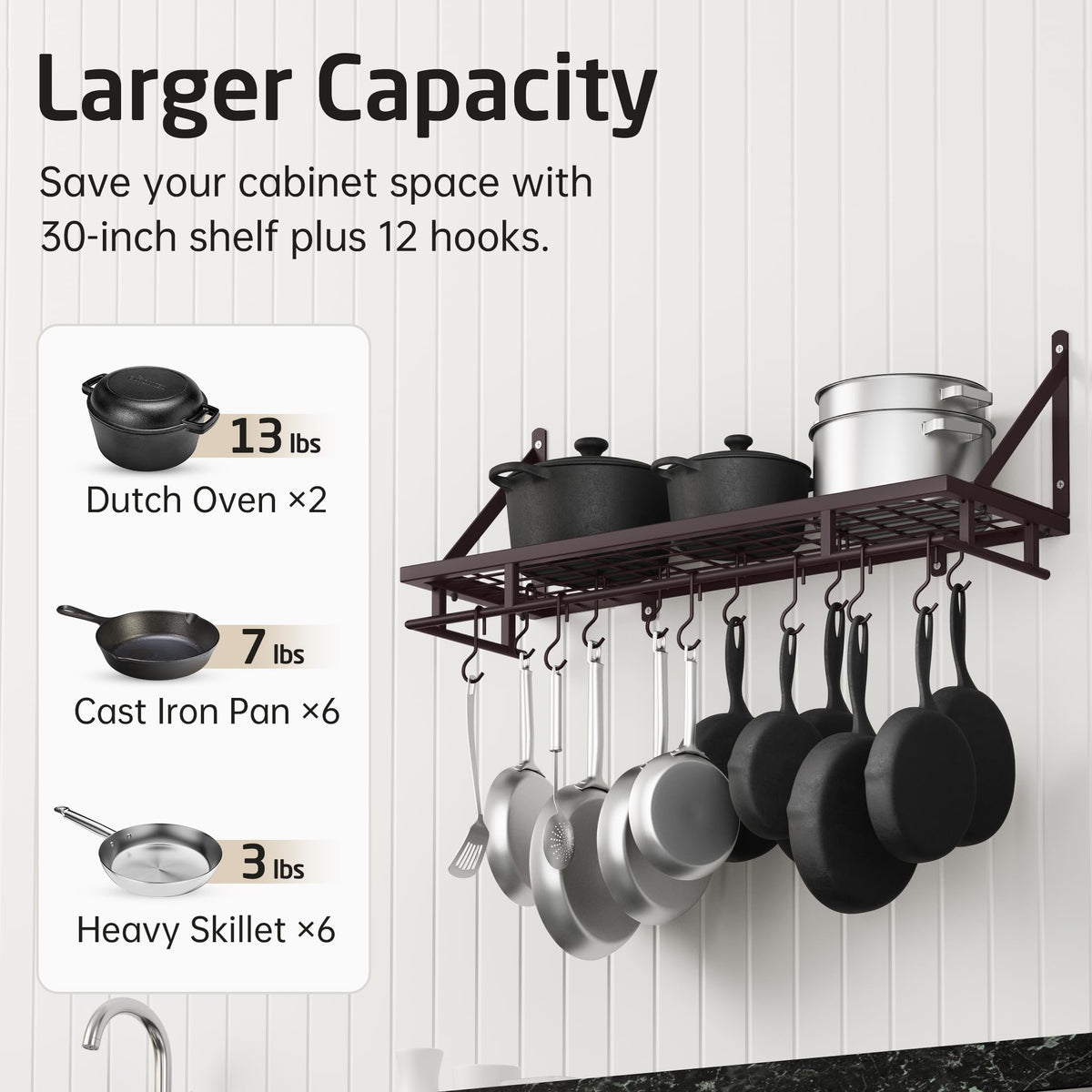 Wall Pot Rack, Oil Bronze, 88lb Capacity, 12 Hooks, Farmhouse