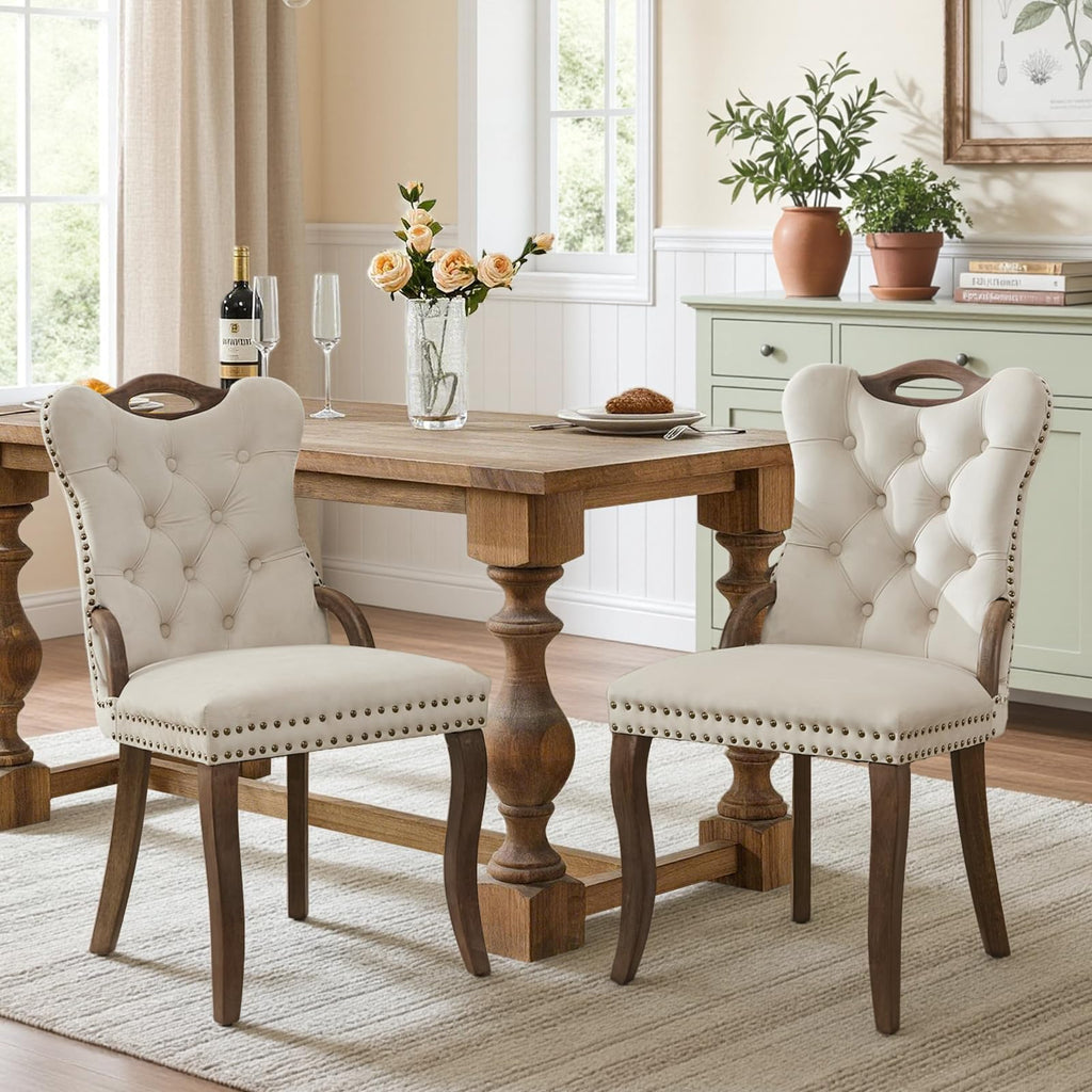 Velvet Dining Chair Set of 2, Solid Wood Handles, Upholstered Tufted Dining Room Chair with Nailhead Trim (Beige)