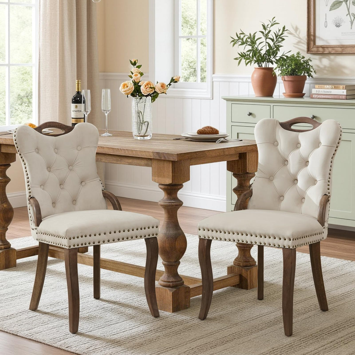 Velvet Dining Chair Set of 2, Solid Wood Handles, Upholstered Tufted Dining Room Chair with Nailhead Trim (Beige)