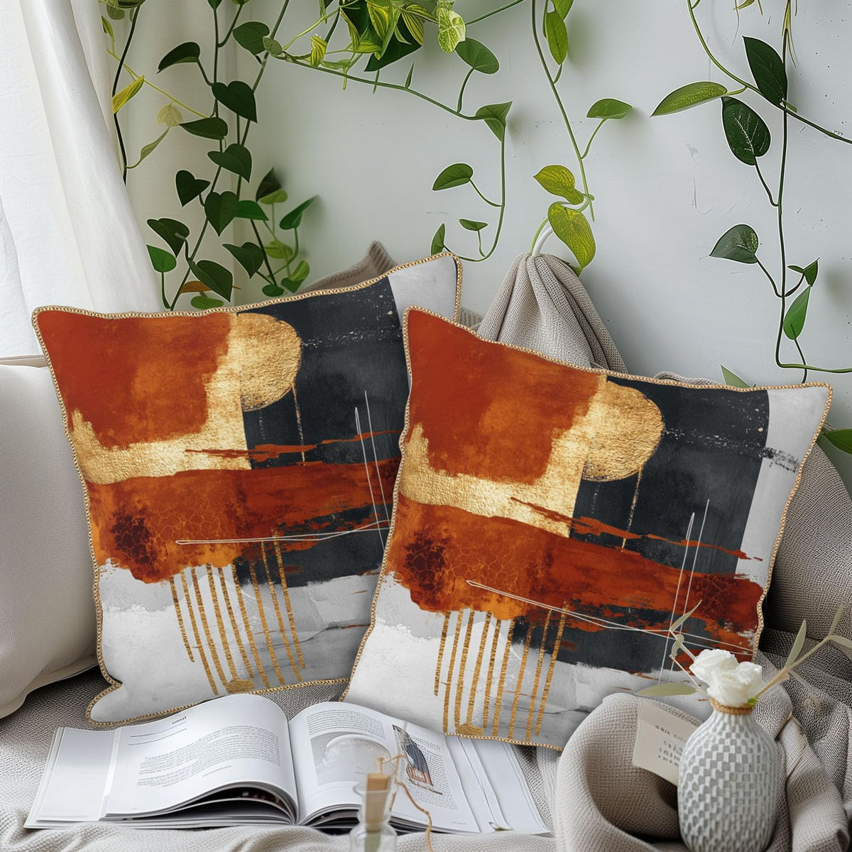 Retro Burnt Orange Gold Velvet Pillow Covers 18x18 Inch Abstract Rust Gray Black Throw Pillows For Couch Cushion