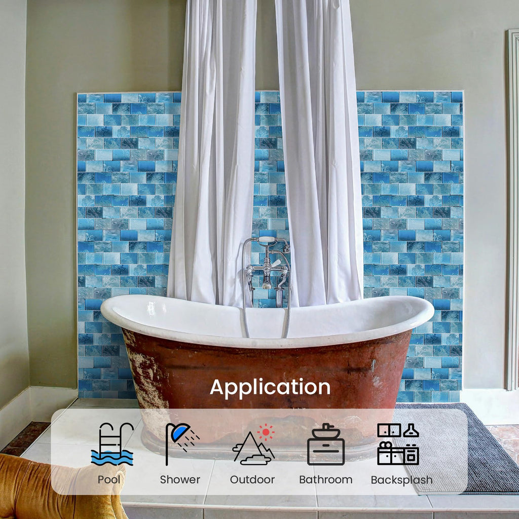 Glass Mosaic Tiles Backsplash, 5-Sheet Subway Backsplash Glass Tiles Bathroom Swimming Pool Shower Wall (Aqua Blue