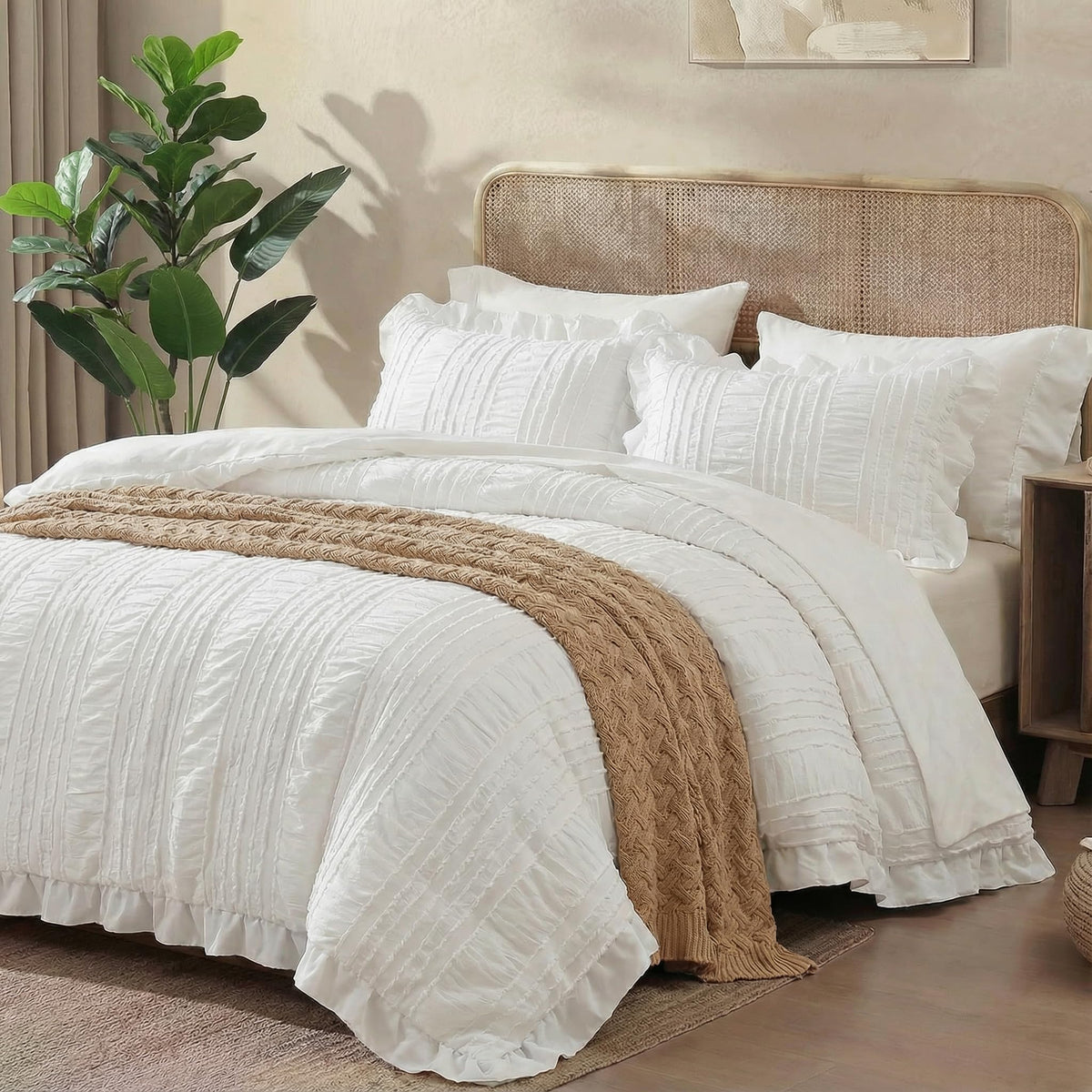 White Ruffle Comforter Set Boho Comforter Set 3 Pieces Ultra Soft Microfiber Seersucker Shabby Chic Bedding