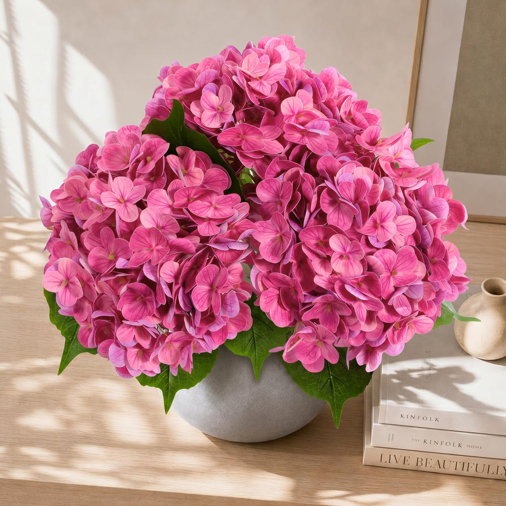 Hydrangea Artificial, 3Pcs Real Touch Faux Hydrangea with Long Stem and Leaves, Lifelike Fake for Outdoor Planters