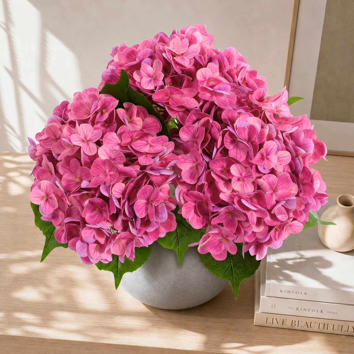 Hydrangea Artificial, 3Pcs Real Touch Faux Hydrangea with Long Stem and Leaves, Lifelike Fake for Outdoor Planters