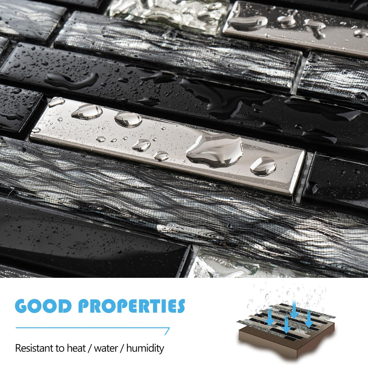 5-Sheet Glass Backsplash Tiles, 5 Square Feet Black Glass Mosaic Backsplash Subway Metal Tile Wall Bathroom