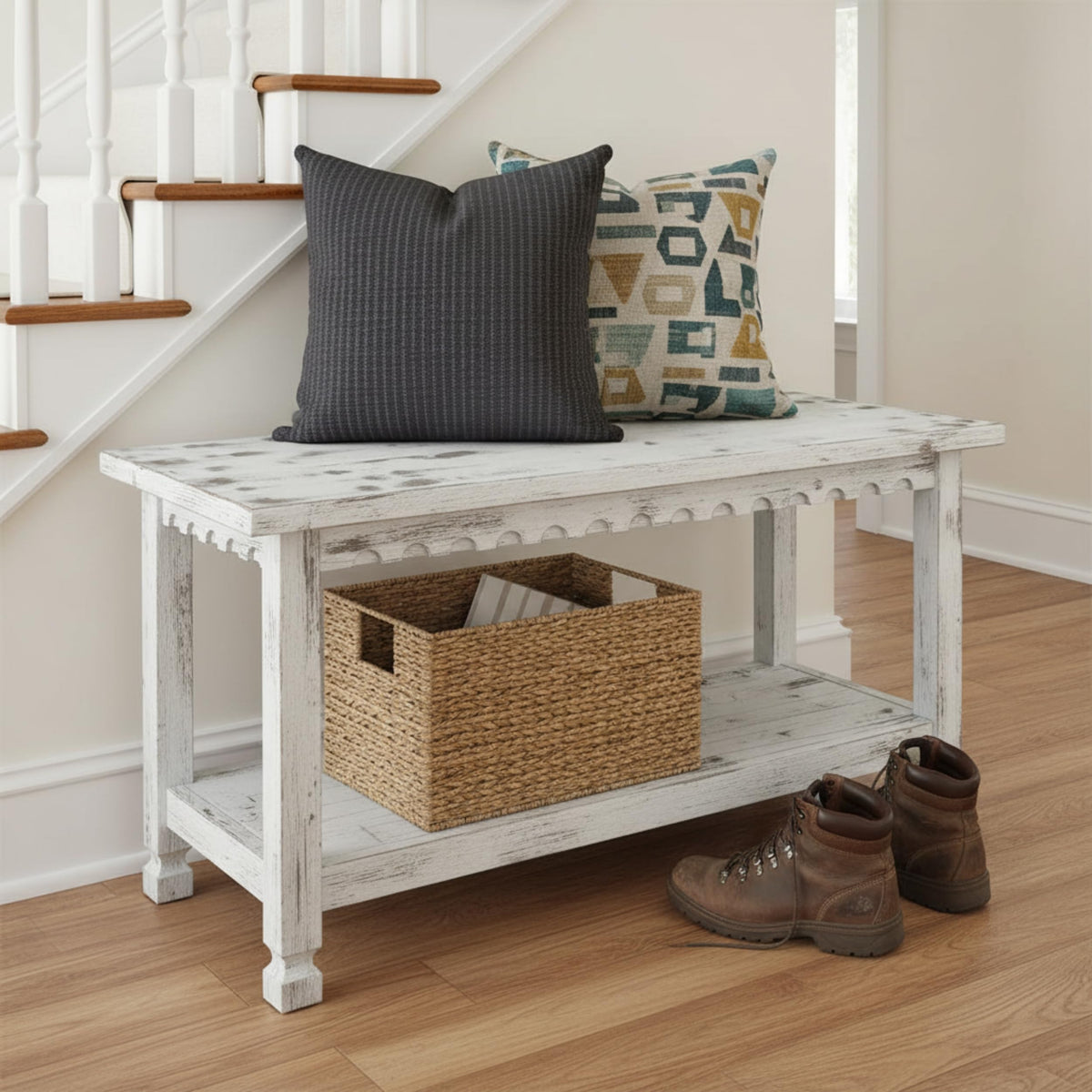 Country Cottage 36-Inch Farmhouse Entryway Bench with Storage Shelf - Solid Pine Wood Bench in Distressed White, or