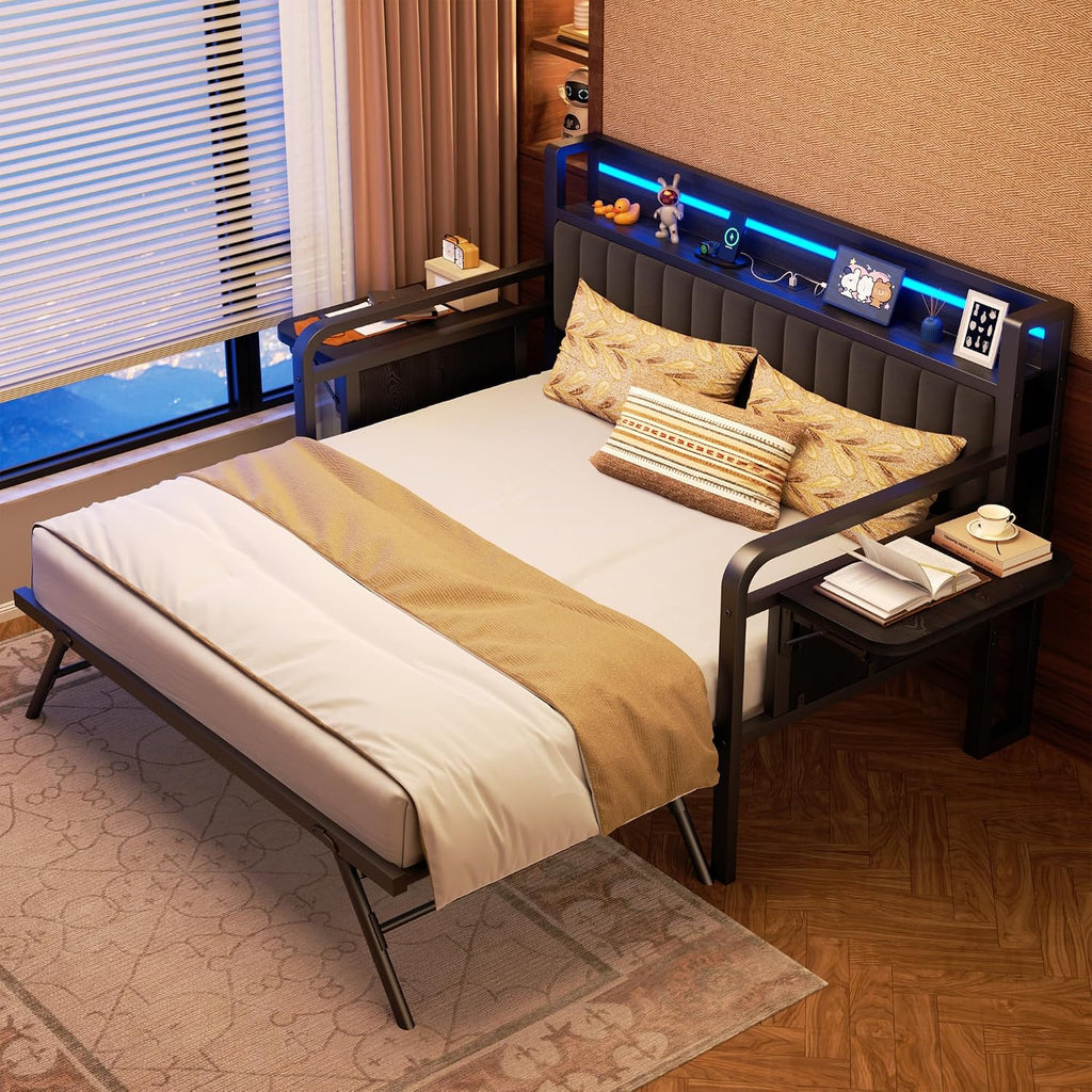Daybed with Trundle and LED Light, Heavy Duty Metal Twin Bed Frame with Upholstered Storage Headboard & Charging