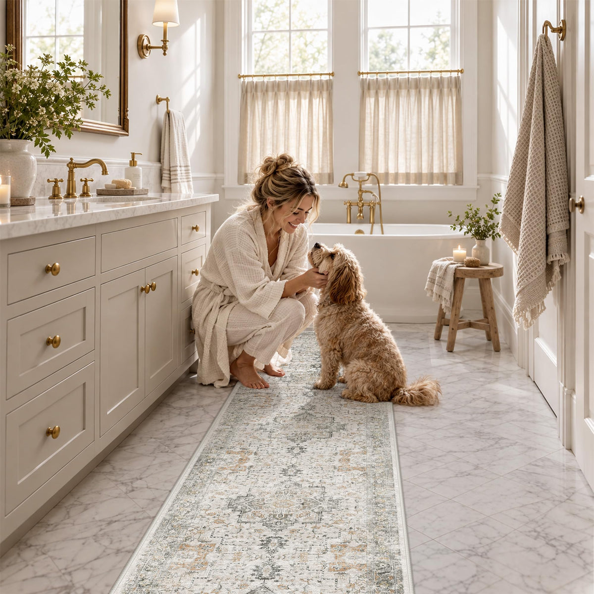 2x16 Washable Runner Rug Non Slip, Gray Beige