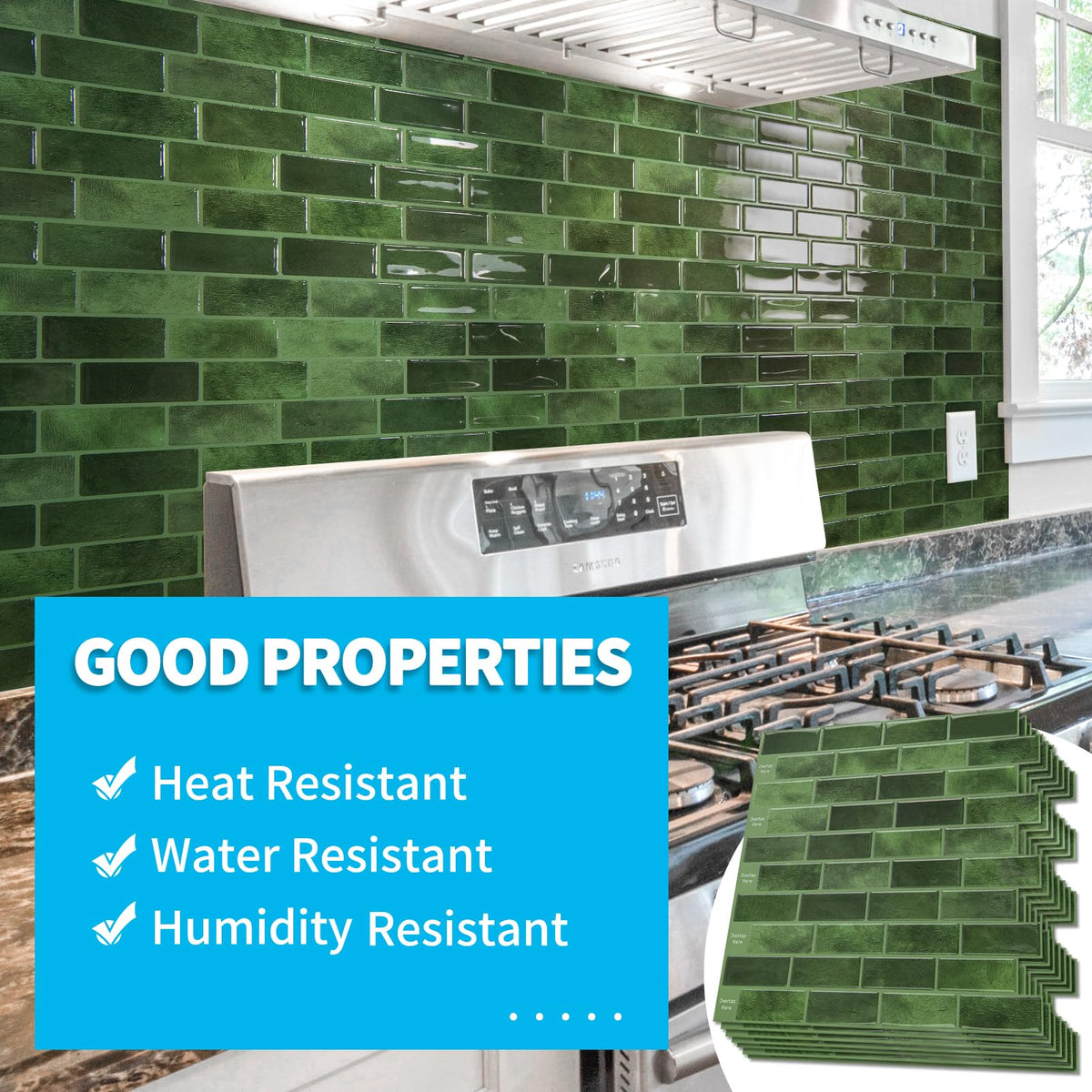 10-Pack Marble Tile Peel and Stick Backsplash, 12 x 12 in, Jade Green