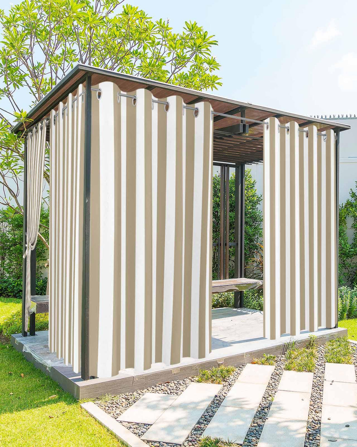 Stripe Outdoor Curtains Waterproof Outside Curtain 2 Panel, Khaki White Window Treatment Drapes Brown Striped Privacy