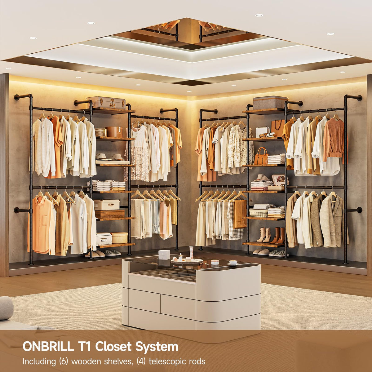 T1 Wall Mounted Closet System with 6 Wood Shelves & 4 Hanging Rods