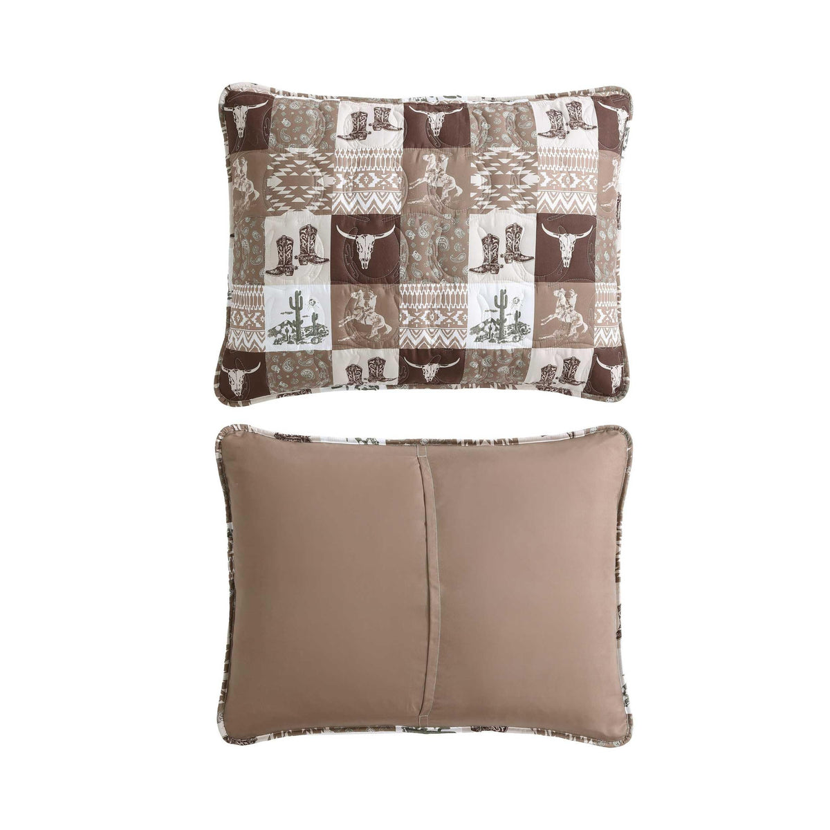 Quilt Set with Matching Shams, Soft & Reversible Bedding for Year Round Comfort, Fall Western Patch Brown