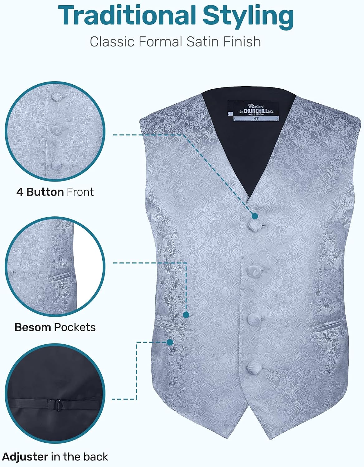 Boys 4 Piece Formal Paisley Vest and Tie Set