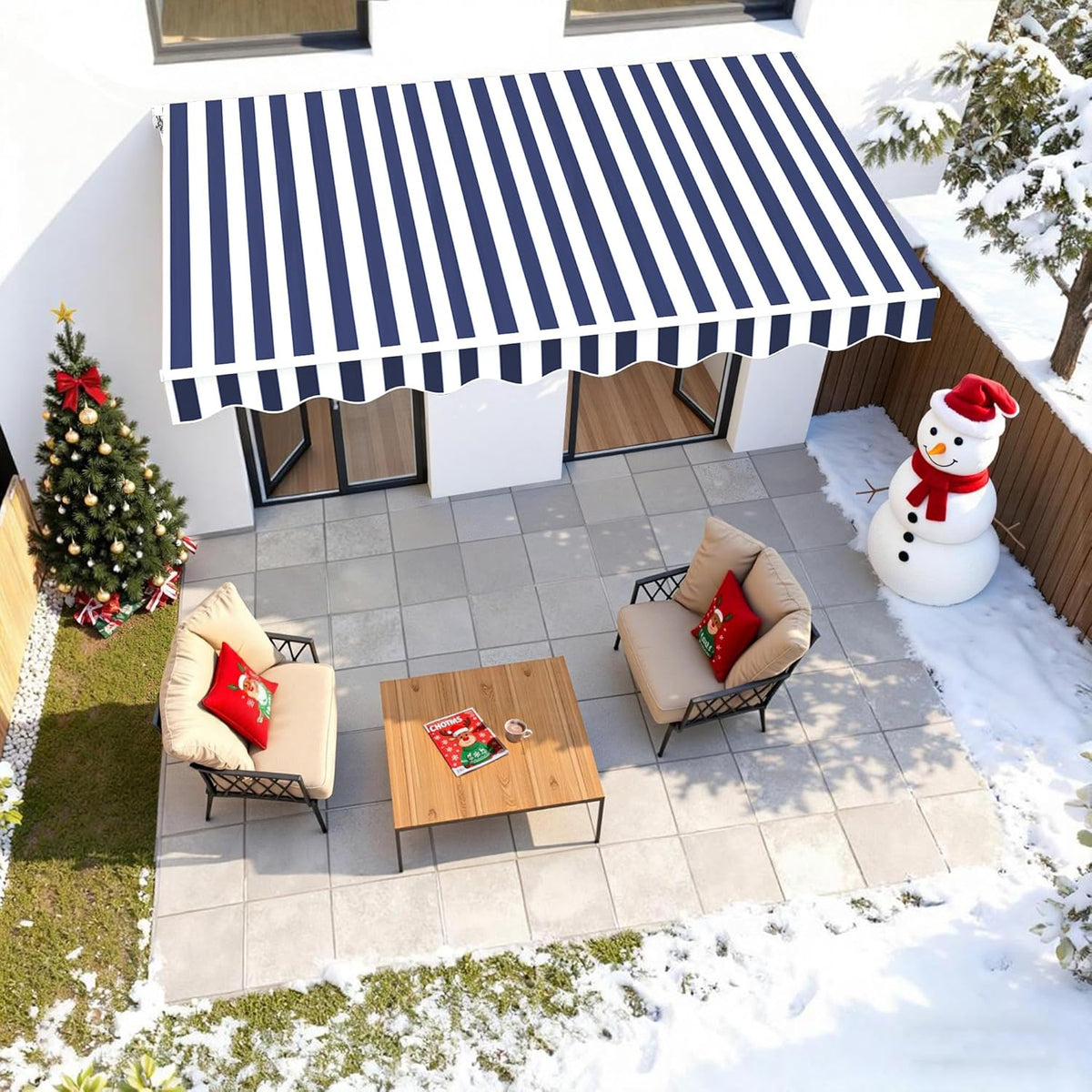 11.5x9.5 Feet Manual Retractable Patio Door Window Awning Sunshade Shelter Outdoor Canopy,1210 (Ocean Blue with White