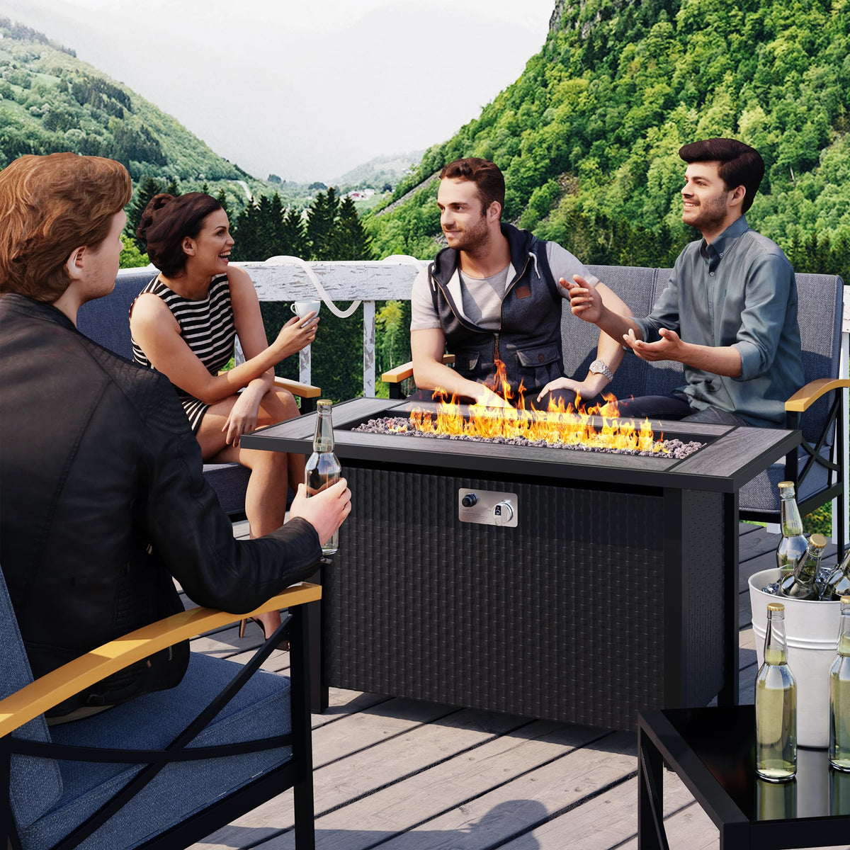 45in Fire Table, Propane Fire Pit with Red Lava Rocks and Rain Cover, Outdoor Firepit Table with Tile Top 50000 BTU