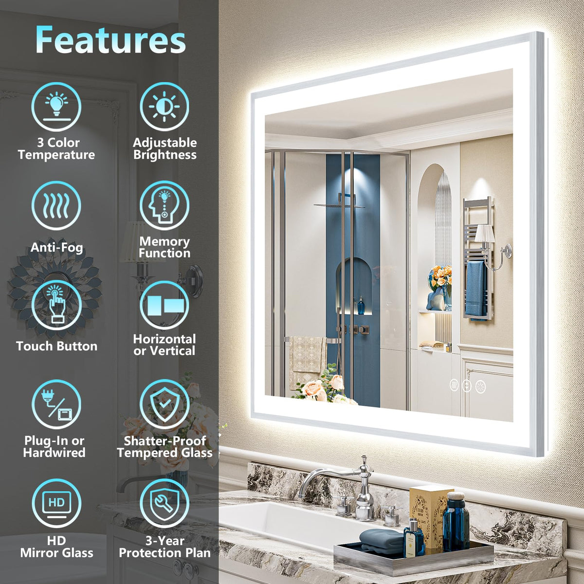 44x30 Inch Brushed Nickel LED Bathroom Mirror, Backlit & Front Lit