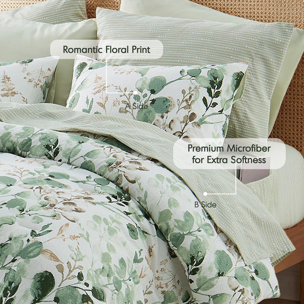 Lightweight Seersucker Botanical Comforter Set, 9 Pieces Reversible Design Bed in A Bag Set, Premium
