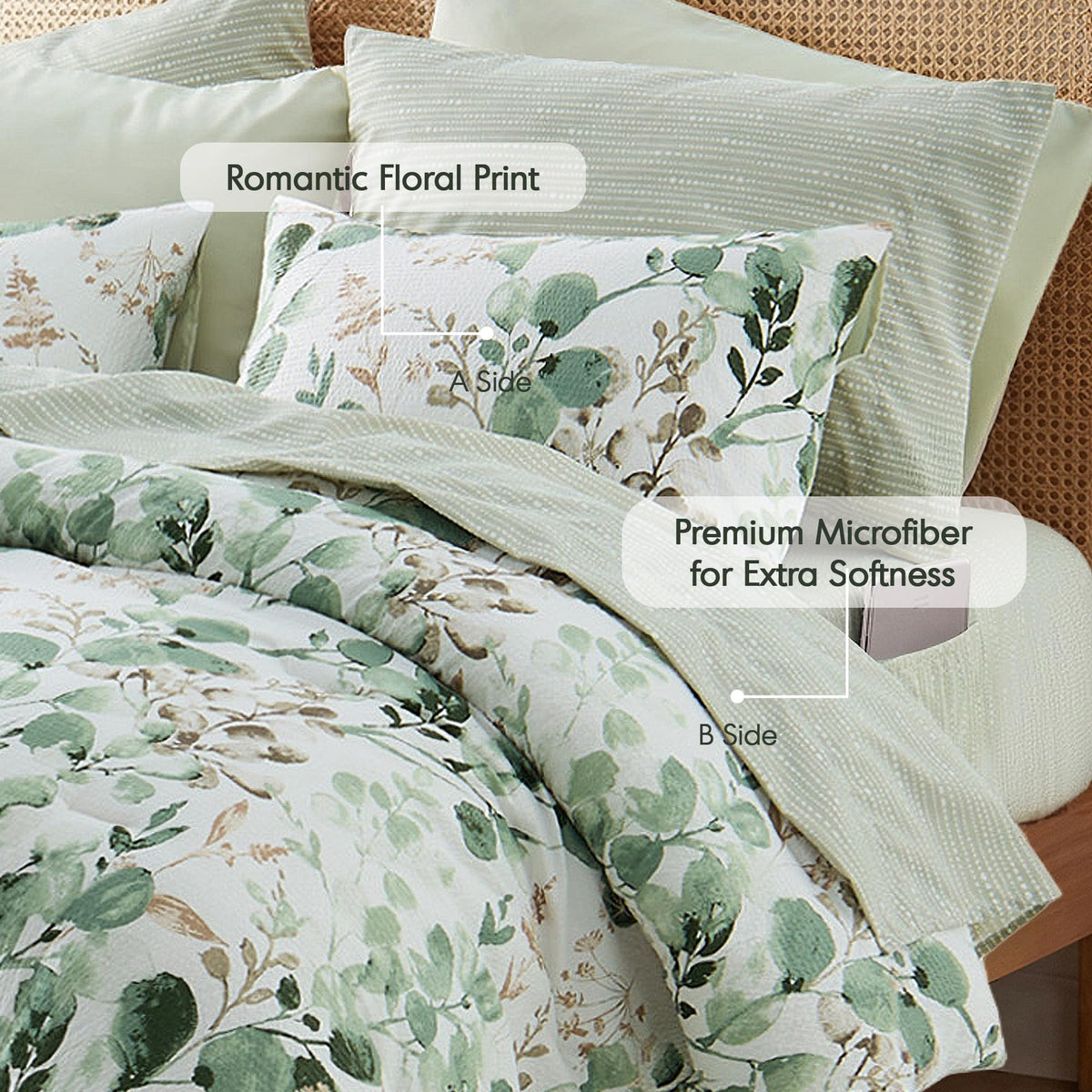 Lightweight Seersucker Botanical Comforter Set, 9 Pieces Reversible Design Bed in A Bag Set, Premium